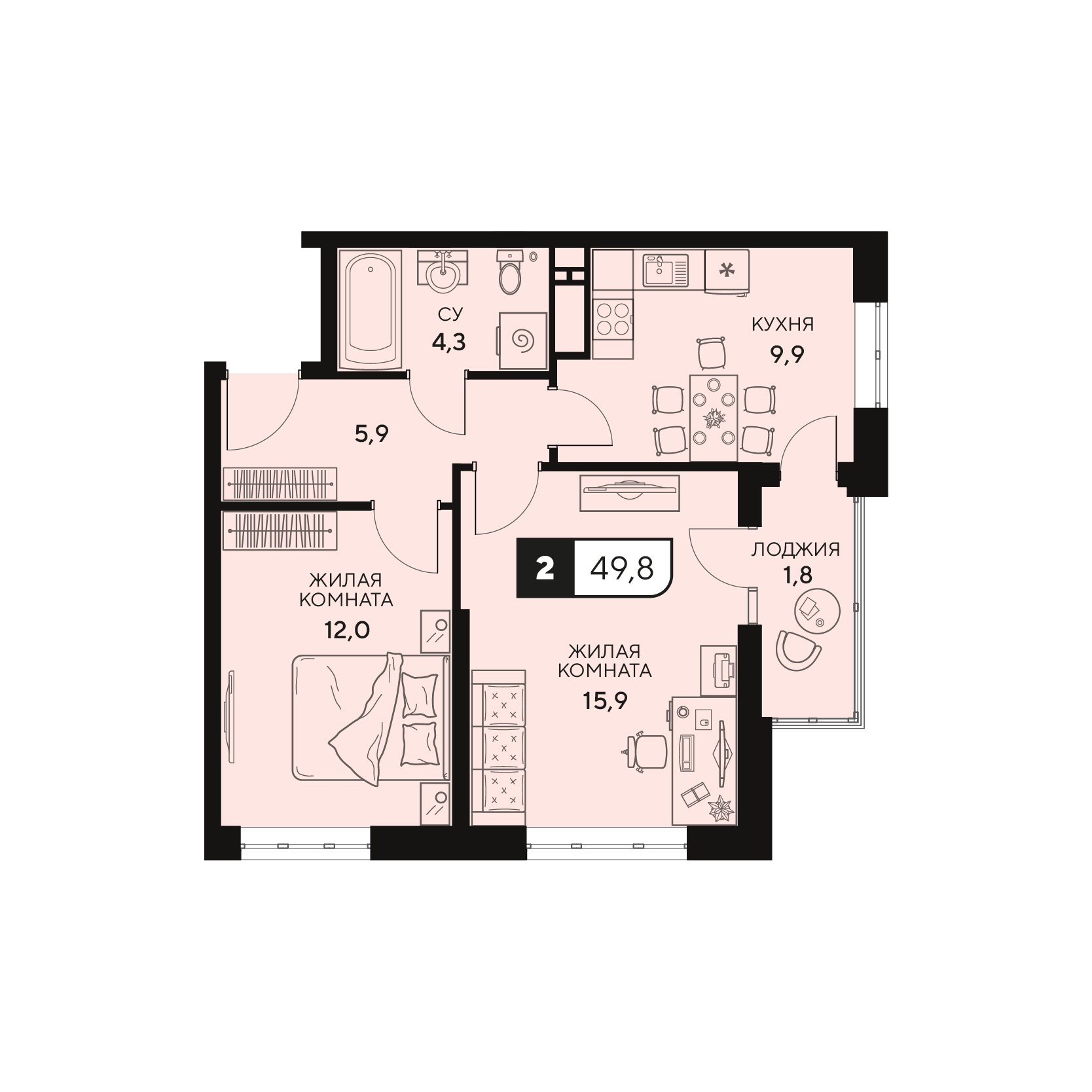 Планировка: 2-комнатная квартира, 50,15 м²