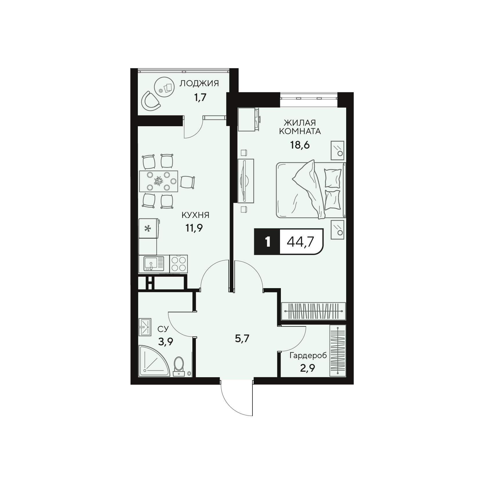 Планировка: 1-комнатная квартира, 44,75 м²