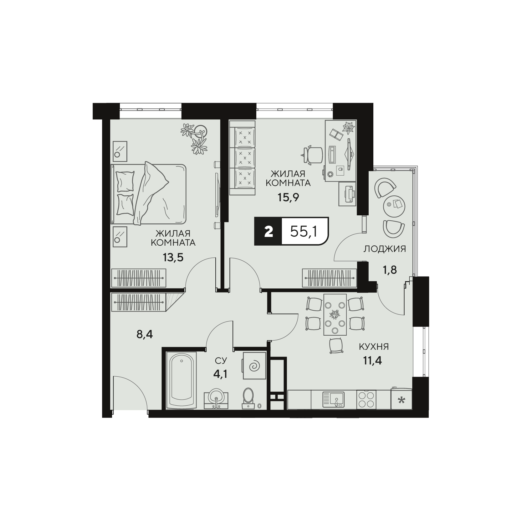 Планировка: 2-комнатная квартира, 55,45 м²