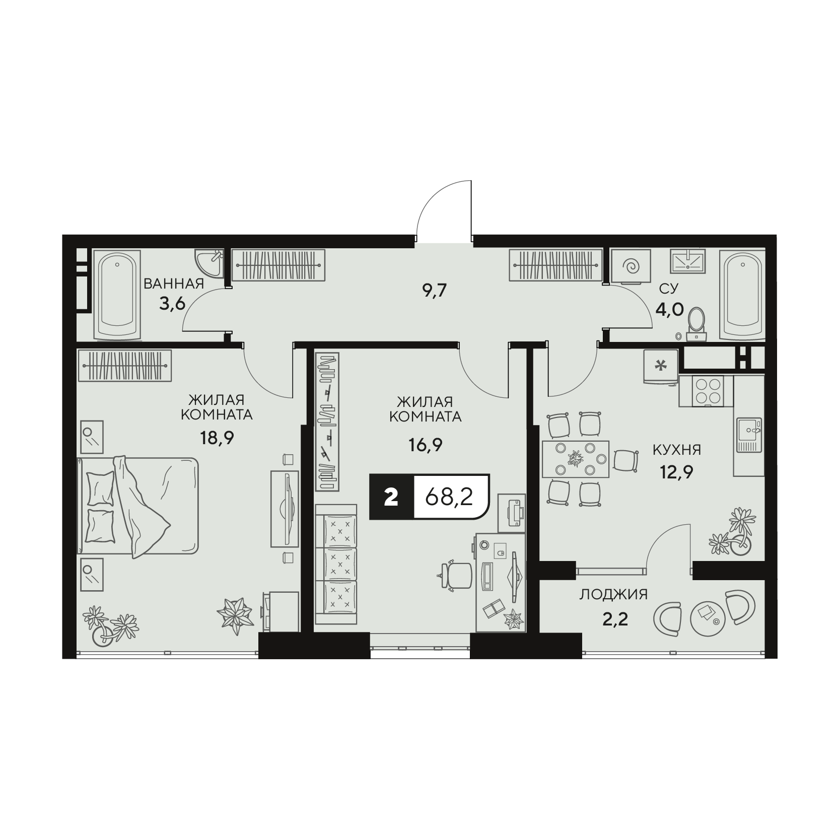Планировка: 2-комнатная квартира, 68,25 м²