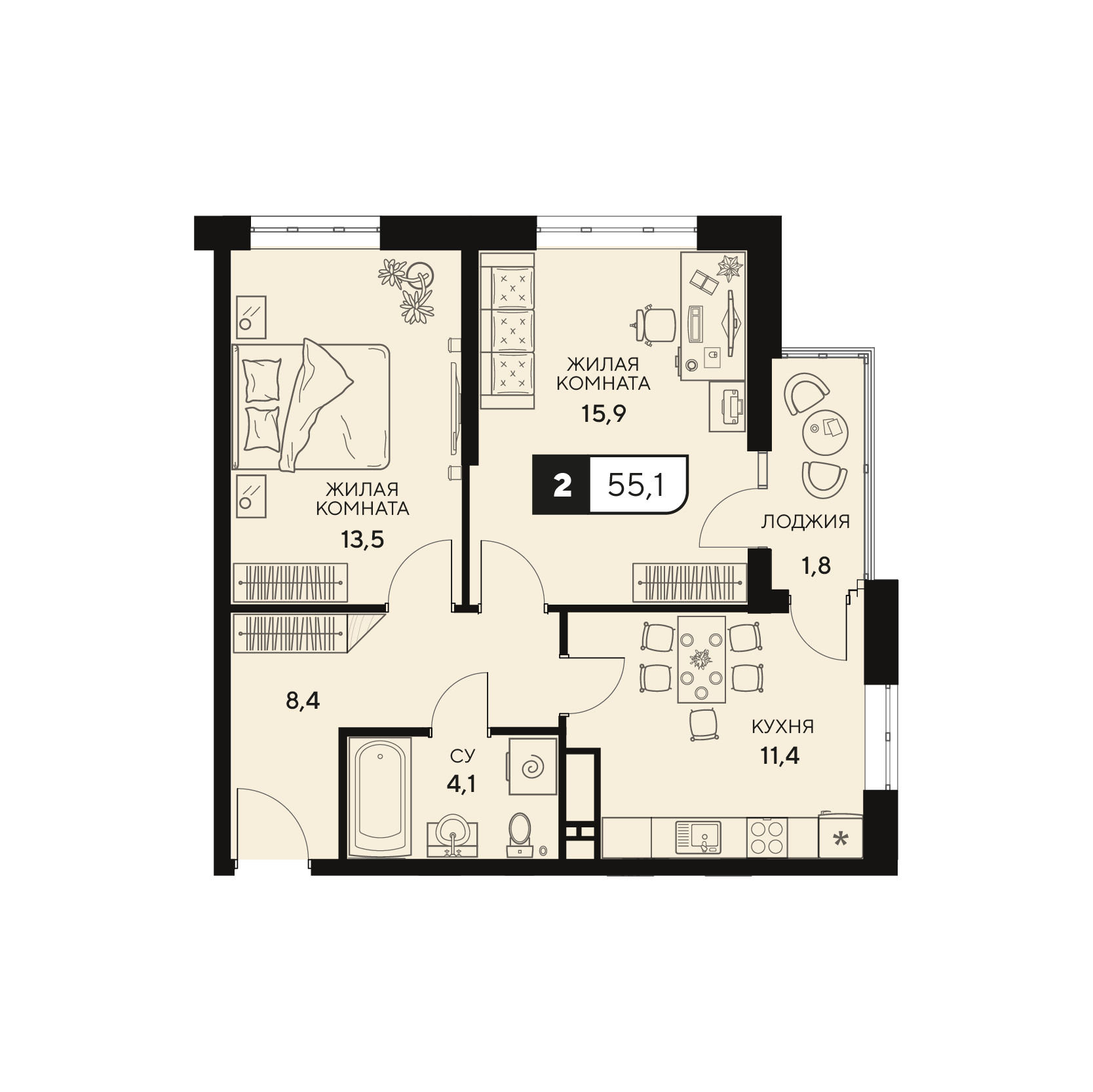 Планировка: 2-комнатная квартира, 55,1 м²