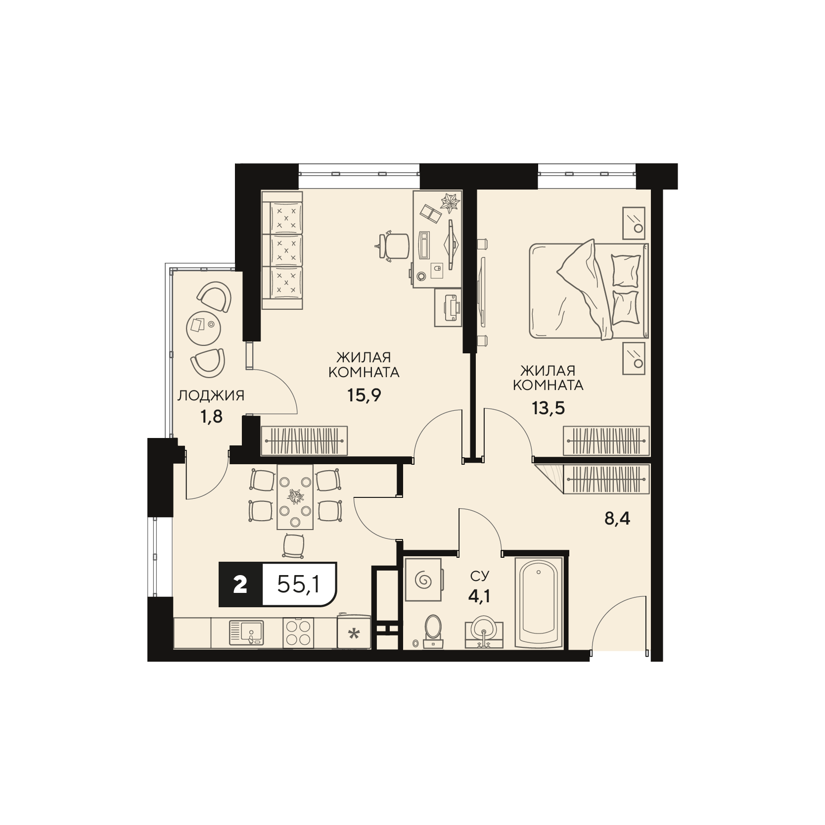 Планировка: 2-комнатная квартира, 55,1 м²
