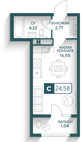 Планировка: Студия, 24,58 м²