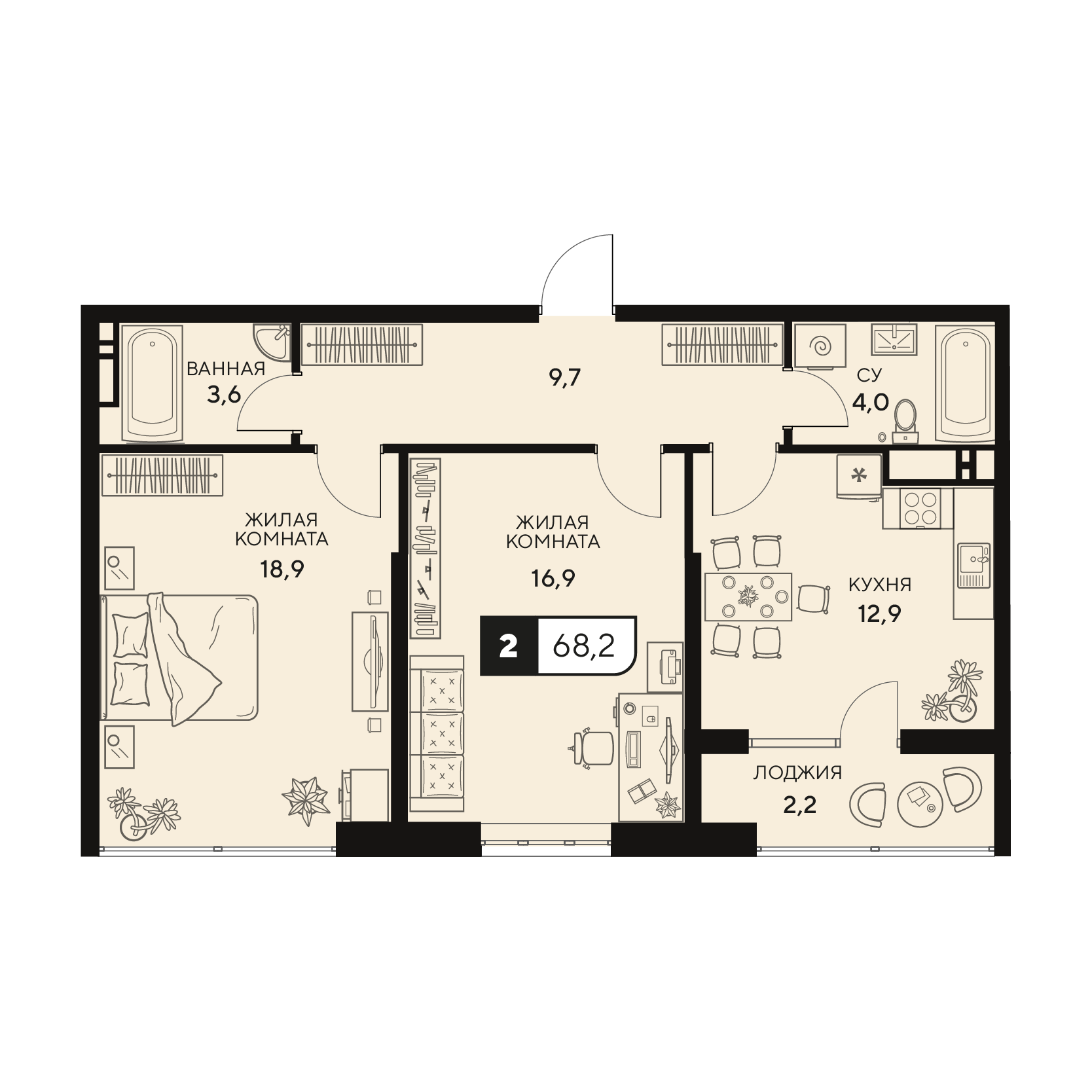 Планировка: 2-комнатная квартира, 68,2 м²