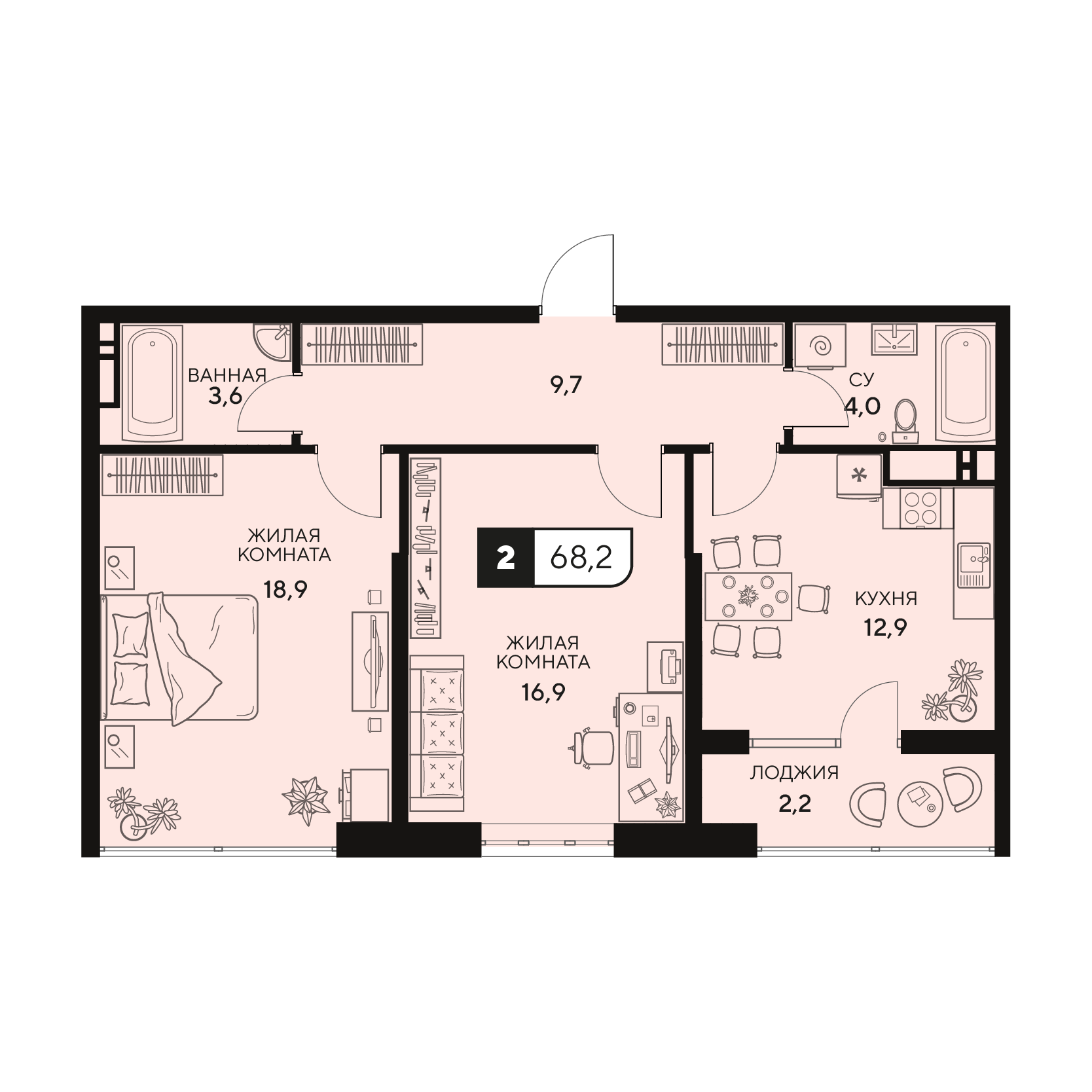 Планировка: 2-комнатная квартира, 68,2 м²