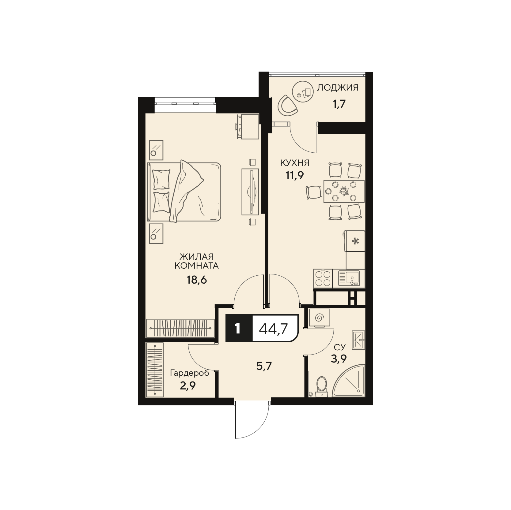 Планировка: 1-комнатная квартира, 44,75 м²