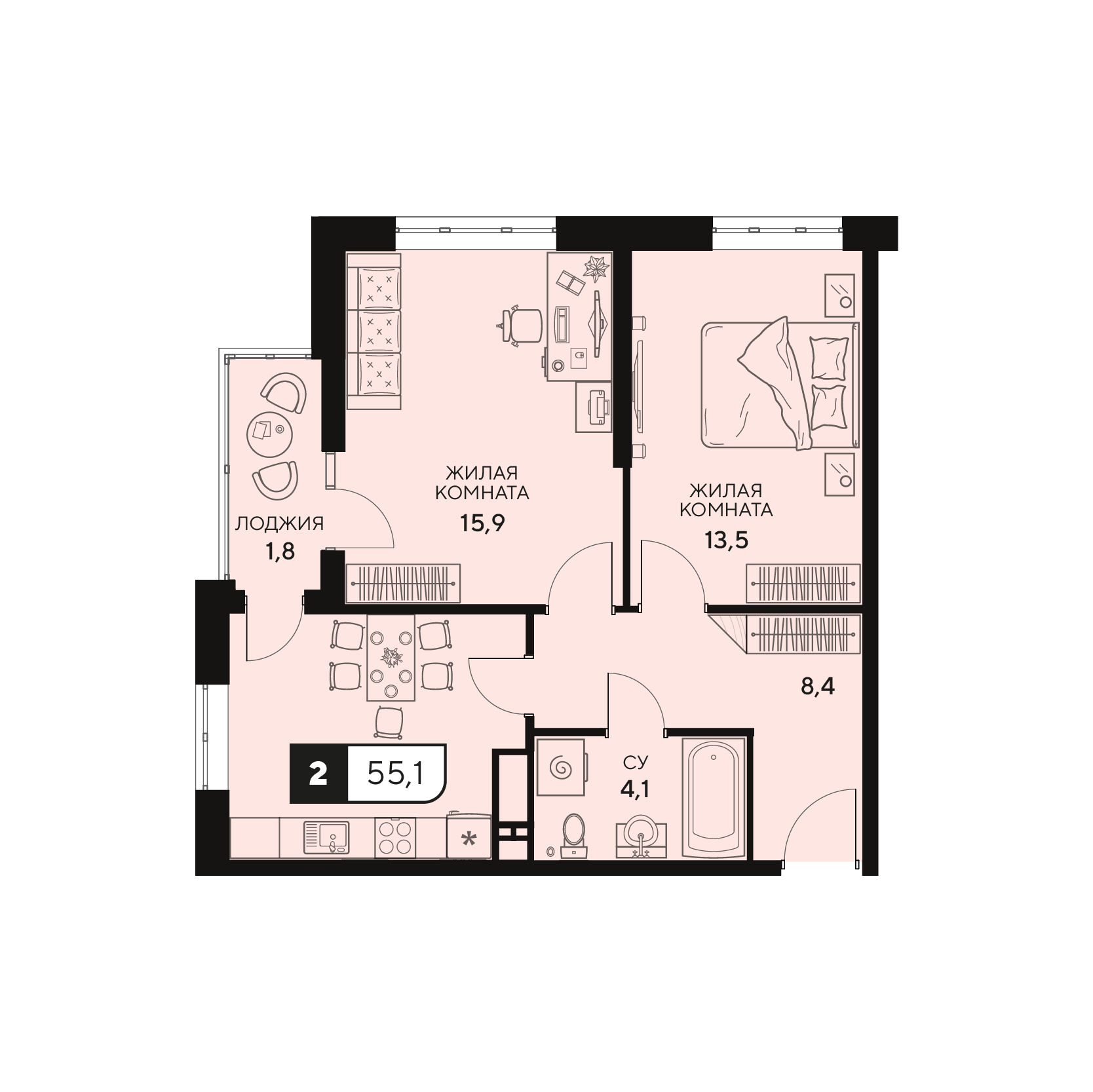Планировка: 2-комнатная квартира, 55,1 м²