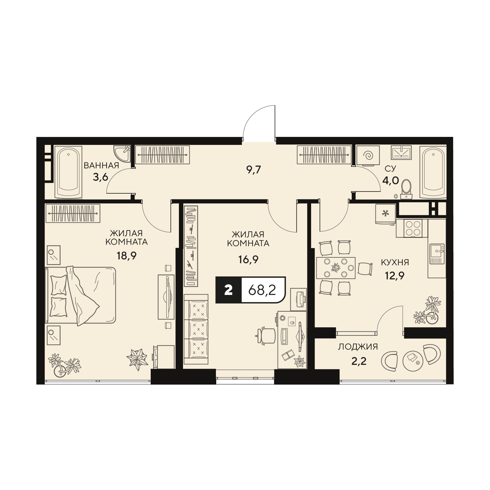 Планировка: 2-комнатная квартира, 68,2 м²